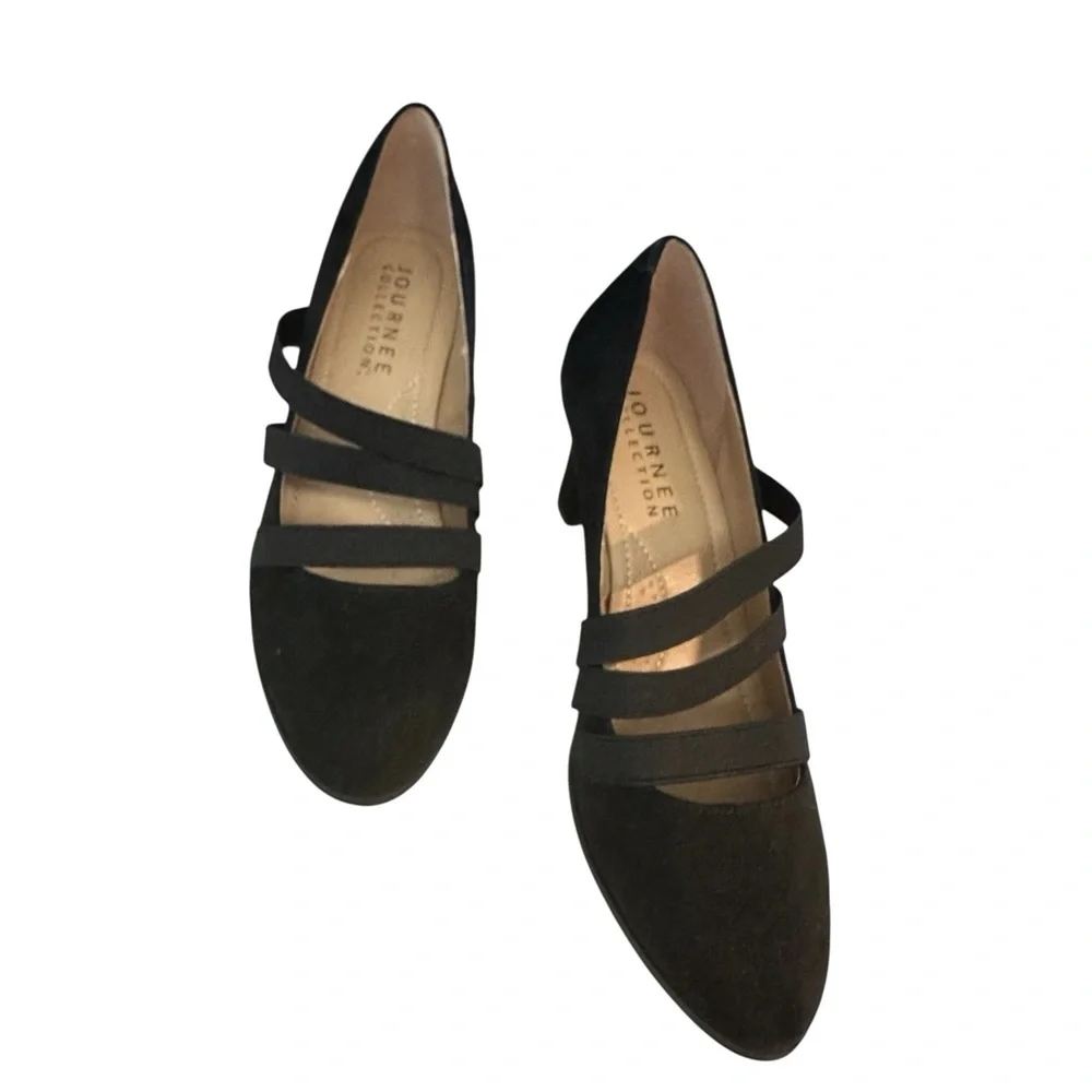 Journee Collection Black Suede Multi-Strap Mary Jane Heels Women’s Size 9 - Picture 7 of 9